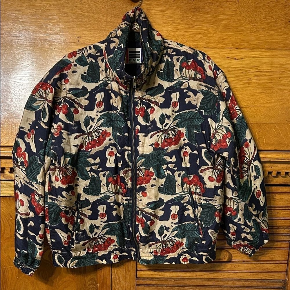 Vintage Avant Garde‎ EVR 100% Silk Cherry Print Bomber Jacket Zip 90s Streewear
